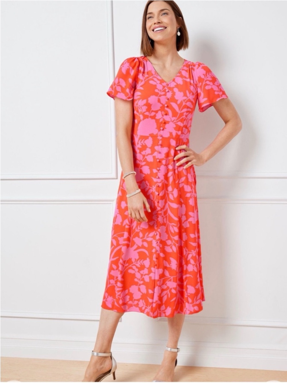 Talbots Pink and Orange flutter sleeve Midi Dress